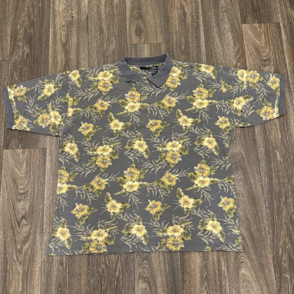 VTG OP Ocean Pacific Sport Polo Shirt Men's XXL Gray AOP Floral Hawaiian
